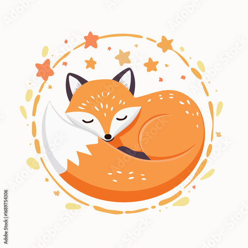 Cute cartoon fox curled up sleeping, surrounded by stars and decorative elements.