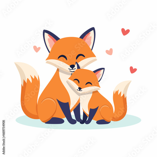 A heartwarming illustration of a mother fox embracing her adorable cub, surrounded by floating hearts.