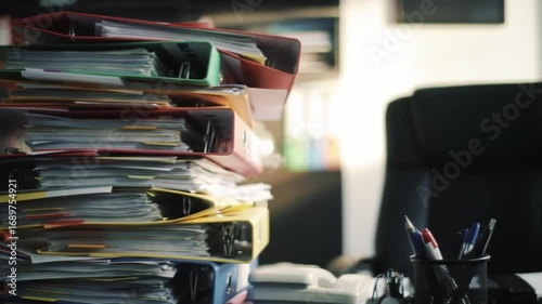 A tall stack of colorful ring binders filled with papers sitting on an office desk surface space