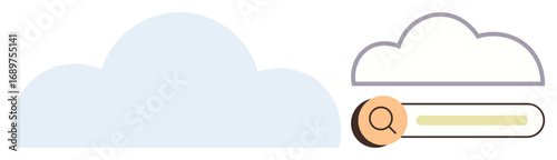 Cloud shape complemented by a magnifying glass focusing on a search bar. Ideal for data search, cloud access, online storage, web service, digital innovation, technology exploration, simple flat