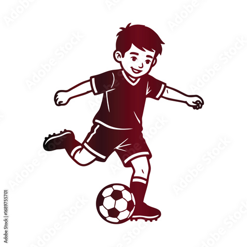 A young boy kicks a soccer ball in action on the field.