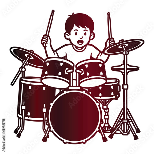 A young boy enthusiastically plays a vibrant drum set with excitement.