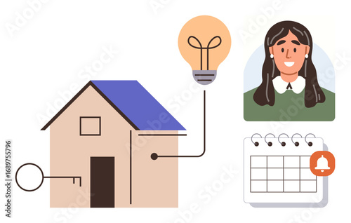 House with key access, light bulb for efficiency, woman portrait, and calendar reminder. Ideal for smart home technology, property management, planning, security, innovation energy efficiency