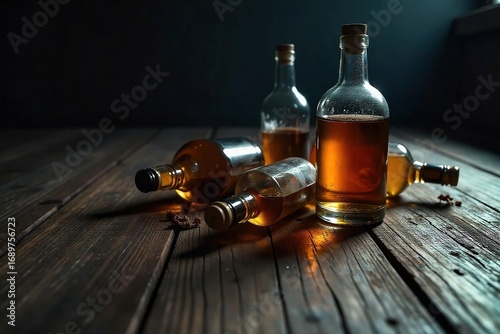 Empty liquor bottles, scattered on a dark wooden surface, reflecting dim light A concept of addiction, despair, or the aftermath of a party Focus on texture and shadows , spirits, low light, empty