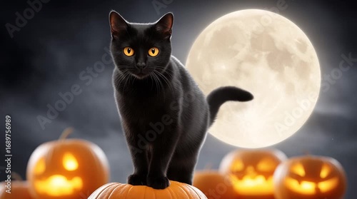 Black Cat Sitting on Pumpkin Against Full Moon Background