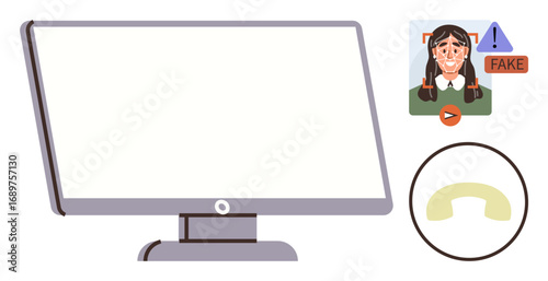 Blank monitor screen, deepfake video alert with fake label and warning symbol, phone call icon nearby. Ideal for online safety, technology caution, cyber fraud, misinformation, awareness, AI misuse