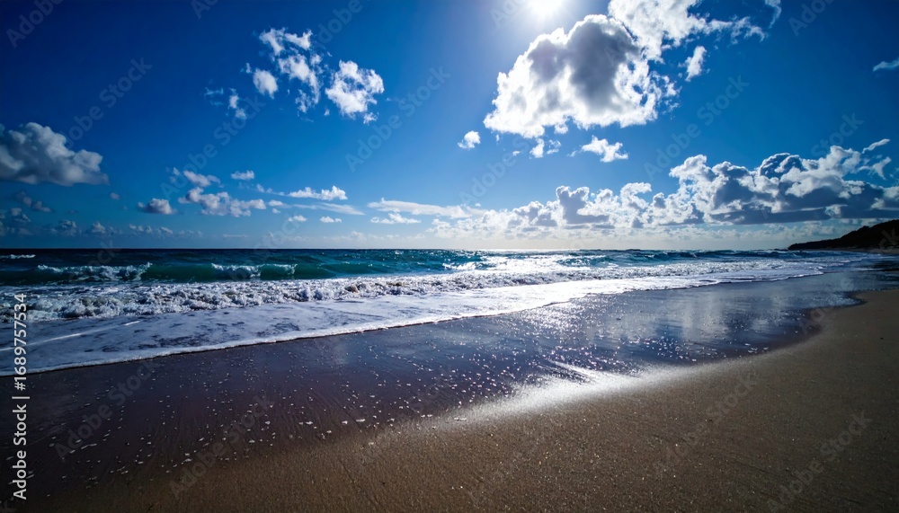 Fototapeta premium Waves and Sky, Tropical Paradise, Photography, Serene Environment, Low Angle View, Ultra-Realistic Concept