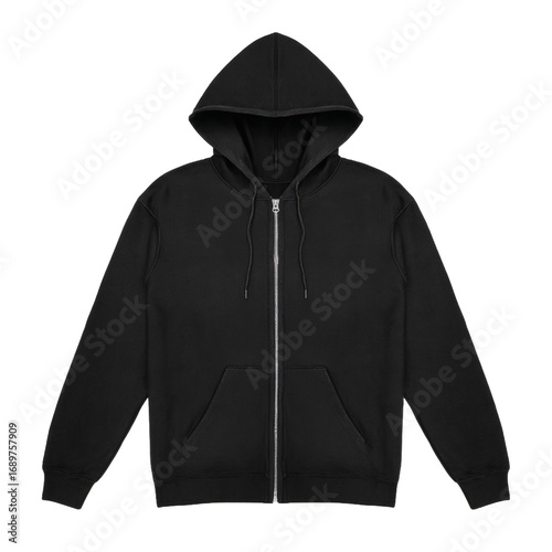 Plain black full zip hoodie with silver zipper isolated on a solid black background