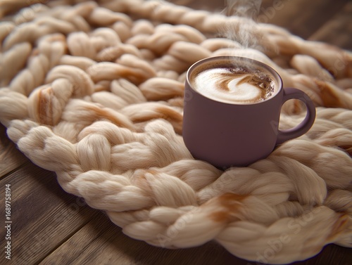 Cozy Autumn Morning, Steaming Latte on Knit Blanket