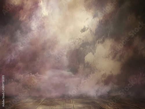 Moody Cloudscape Background Wooden Floor Dramatic Smoky Atmosphere