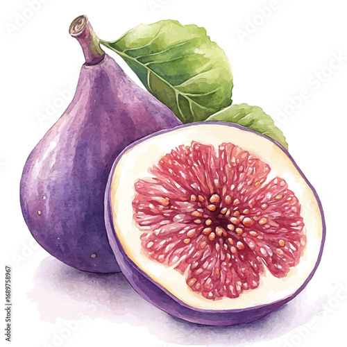 Fig, watercolor drawing vector, isolated on a white background.