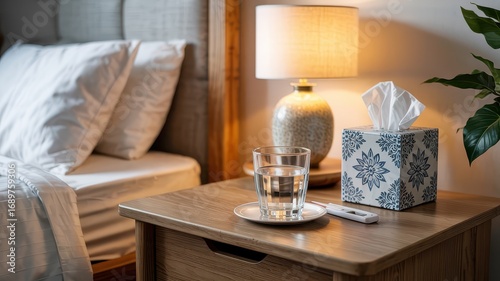 Cozy Bedroom Nightstand with Lamp Glass and Tissues  

