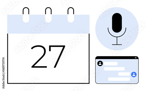 Calendar with date, microphone in circle, chat window with text bubbles. Ideal for scheduling, communication, podcast, voice, messaging, interface collaboration simple landing page