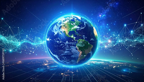 A digital representation of Earth, surrounded by a network of lines and glowing lights, depicting global connectivity