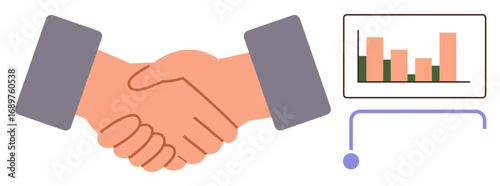 Two hands shaking in agreement next to a bar graph on a screen. Ideal for partnership, collaboration, teamwork, business growth, data analysis, success, negotiation. Simple flat metaphor