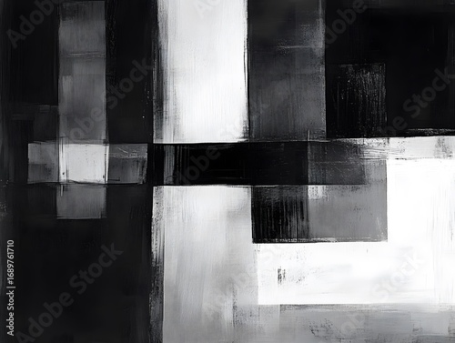 Abstract Black and White Geometric Painting, Modern Monochrome Canvas Art