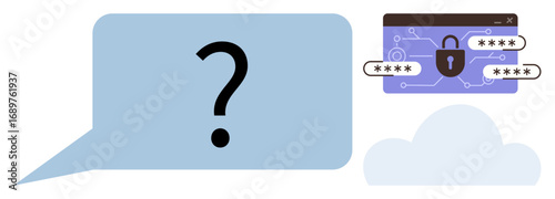 Blue speech bubble with a question mark, a secured browser window with encrypted passwords, and a cloud. Ideal for cybersecurity, privacy, cloud storage, online safety, digital protection, user