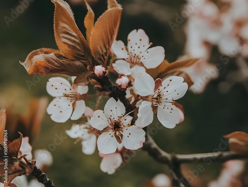 Closeup Delicate White Spring Blossoms Brown Leaves