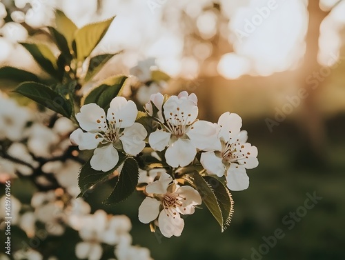 Beautiful White Blossoms in Golden Sunlight Spring Flowers