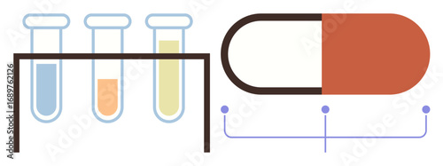 Three test tubes with colorful liquids in a rack alongside a connected pill capsule. Ideal for pharmaceutical research, medical development, drug testing, healthcare innovation, chemistry, biology