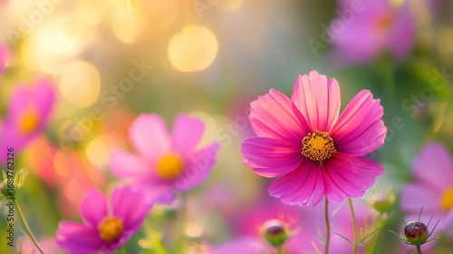 Vibrant Pink Orange CosmosFlowers in Soft Sunlight Bkeh Background