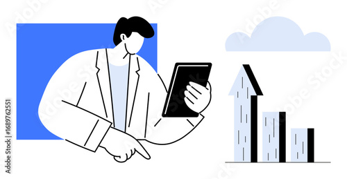 Individual in white coat holding tablet and pointing, rising bar graph with upward arrow and cloud. Ideal for growth, business analysis, success, strategy, data trends, startup, simple landing page