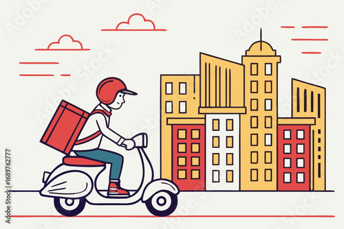 Cartoon delivery rider on scooter with package box in city background