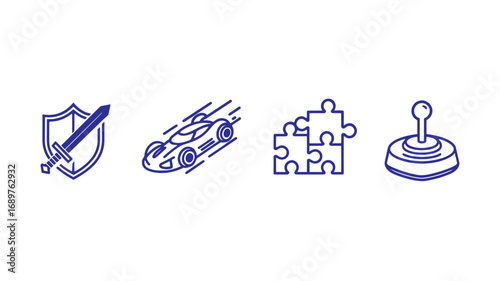 Line icons depicting gaming genres strategy racing puzzle and action