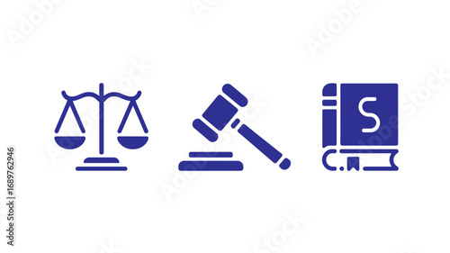 Scales of justice gavel and law book icons represent legal system and justice