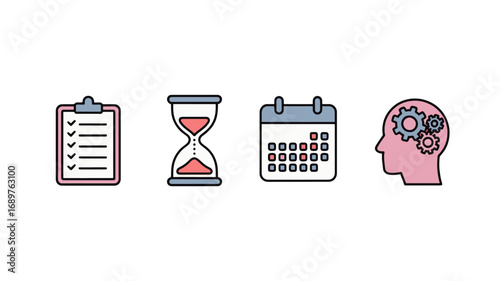 Checklist hourglass calendar and mind gears Time management and planning concept