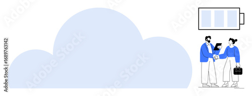 Large cloud shape, battery icon, and two professionals interacting with a tablet. Ideal for technology, business solutions, cloud computing, collaboration, innovation, remote work and energy