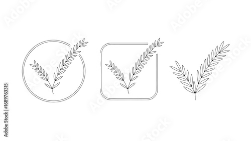 Three variations of a wheat checkmark logo design perfect for eco-friendly brands