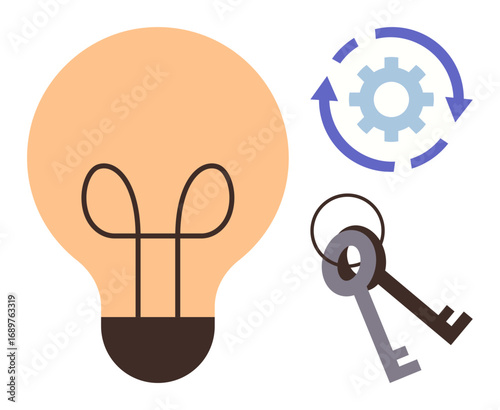 Lightbulb and keys with rotating gear motif suggesting creativity, solutions, and progress. Ideal for innovation, success, process improvement, decision-making, teamwork technology business. Simple