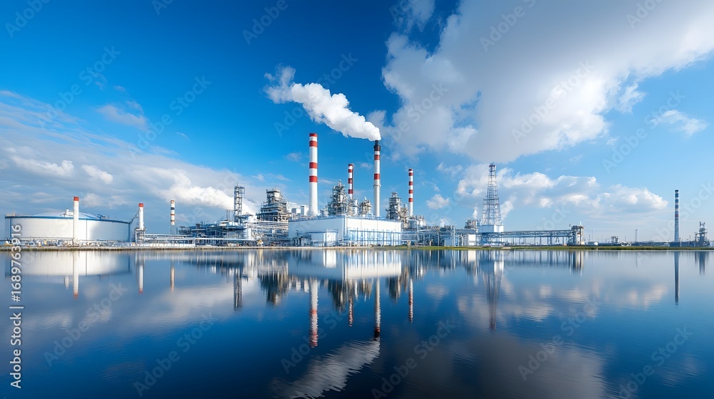 Naklejka premium A large oil refinery complex with multiple tall stacks and towers is reflected in the serene mirror like surface of a nearby body of water