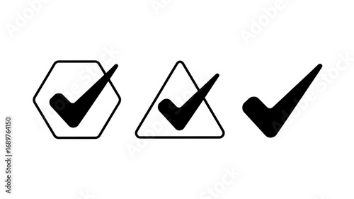 Three checkmarks in different shapes hexagon triangle and classic