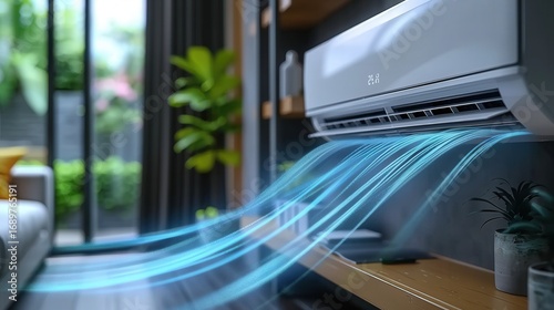 Modern air conditioning unit blowing cool air in a contemporary living space.