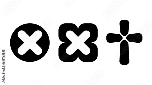 Set of three minimalist cross icons round square and religious