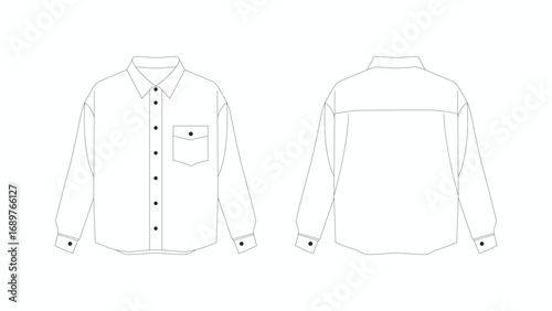 A clean line drawing shows a long sleeve button down shirt with a front and back view, technical flat sketch, fashion design template for clothing CAD