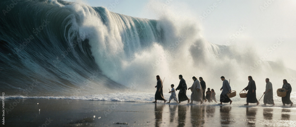 Obraz premium 거대한 파도 앞을 걷는 고대 군중의 성경 일러스트