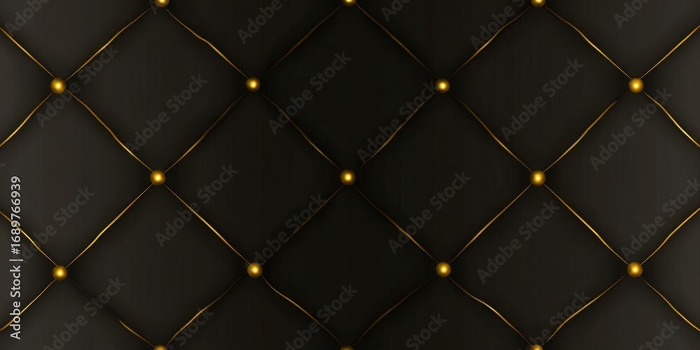 Fototapeta premium Elegant black leather background with diamond pattern and gold buttons.