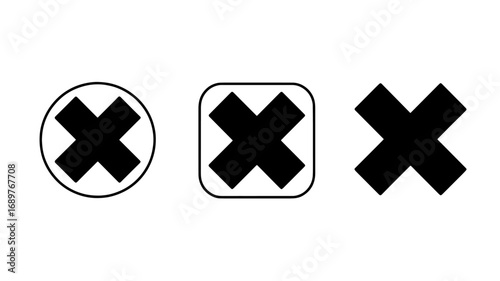 Three variations of a black cross in circle square and plain designs for rejection cancel or delete