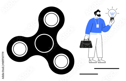Male figure holding briefcase and glowing lightbulb representing ideas, innovation, and creativity next to a bold, focus-inspiring fidget spinner. Ideal for productivity, creativity, solutions