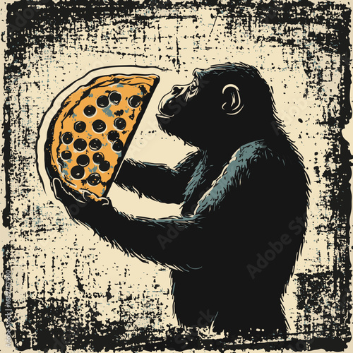 Artistic vintage illustration of a curious chimpanzee holding a large slice of Italian pizza, a surreal and humorous concept