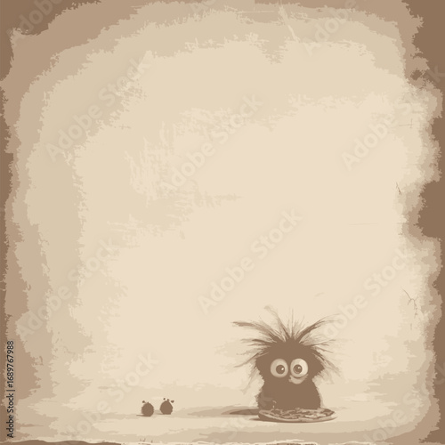 Charming vector illustration of a small, fluffy monster with wide eyes on a saucer, set against a grungy sepia frame providing ample copy space