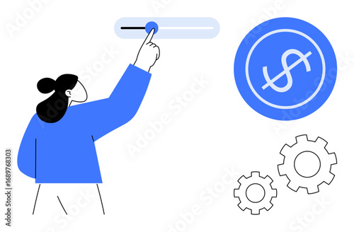 Person using slider for adjustments near dollar icon and gears, representing financial control and optimization. Ideal for finance, technology, management, settings, growth, strategy, and efficiency