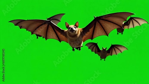 Bats soaring across a vibrant green screen, creating an eerie yet captivating scene perfect for Halloween themed projects and spooky animations