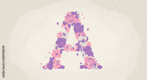 Elegant floral capital letter A made from an assortment of small pink and purple flowers. A beautiful vector initial for romantic typography and decorative design