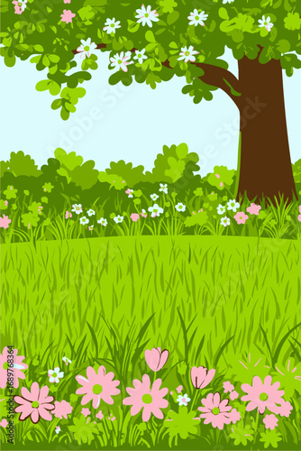 A vibrant vector illustration of a beautiful spring landscape with a blooming tree, lush green grass, and colorful pink and white flowers in a sunny meadow