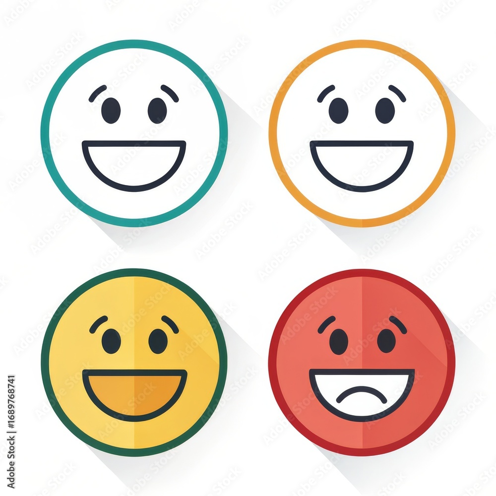 Fototapeta premium Four colorful flat design emoticons with different expressions isolated on white background