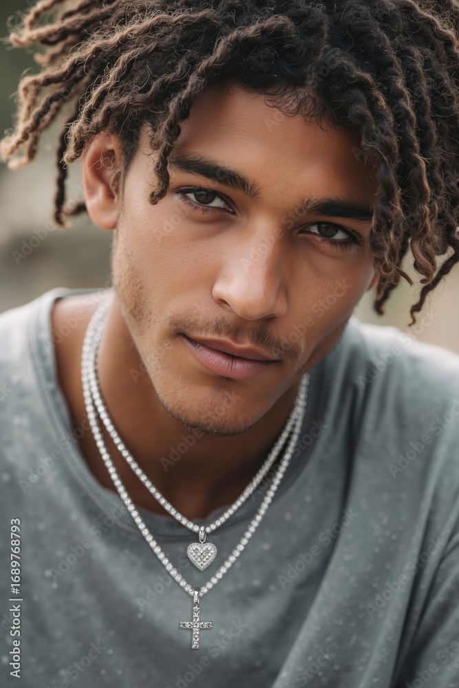 Fototapeta premium A young man with dreadlocks wearing a silver cross necklace